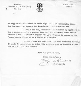 Letter from John Ruddock, Secretary of the Limerick Music Association to Mervyn Wall, Secretary of the Arts Council. (Page 2)